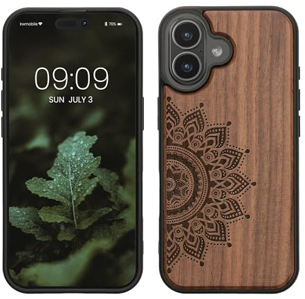 kwmobile Hülle kompatibel mit iPhone 17 Hülle - Holz Case - Handy Cover - TPU Handyhülle in Dunkelbraun Aufgehende Sonne