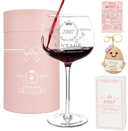 19th Birthday Gifts for Girls, Vintage 2007 Platinum Print Wine Glass | Happy 19 Year Old Gift Ideas, 16Oz Wine Glass, Greeting Card, Keychain, 90th Birthday Decorations for Her, Wife, Friends