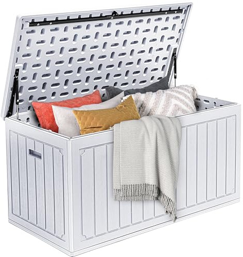 DWVO 340L Resin Outdoor Storage Box, Double-Wall Waterproof Deck Box with Wood Texture, Lockable Garden Storage that Doubles as Table or Bench (450 lbs Capacity)–White