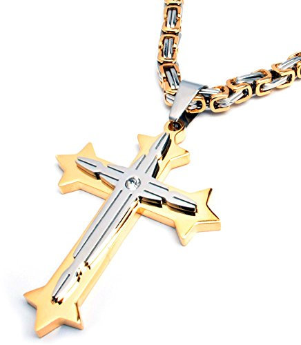 Herren Edelstahl Halskette Kreuz Anhänger silber gold schwarz + 60cm Königskette Männer Geschenk (Silber & Gold)