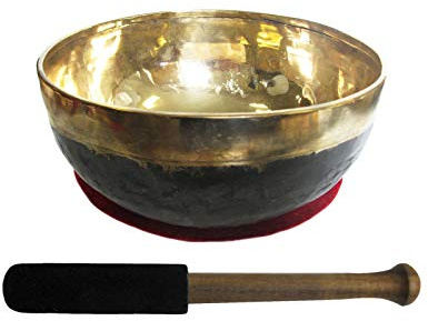 Bengali KLANGSCHALE 350-400g HANDARBEIT Bengalen/Nepal 3-tlg Set mit Zubehör. Gold schwarze Schale inklusive Klangschalenkissen & Klöppel aus Holz und Leder. 81600-2