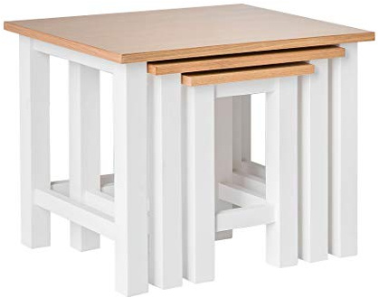 RoselandFurniture Farro White Nest of Coffee Tables for Living Room | Set of 3 Nesting Side Units with Oak Top, Painted Solid Wood Finish, Contemporary Style, H41cm W50.5cm D40cm