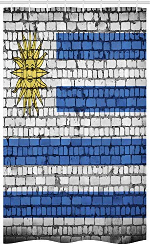 ABAKUHAUS Uruguay Schmaler Duschvorhang, Flagge gemalt auf Birck Wand, Badezimmer Deko Set aus Stoff mit Haken, 120 x 180 cm, Sea Blue Senf Pale Grau