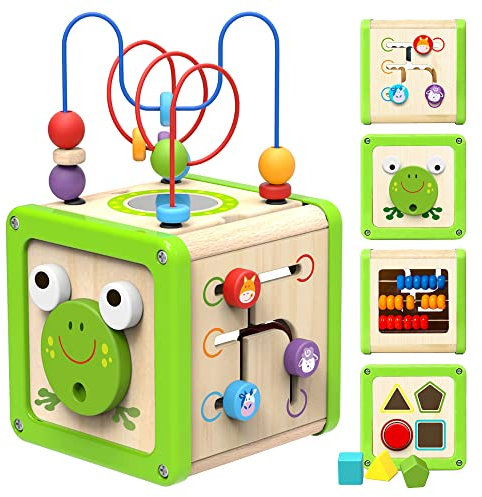 Woody Treasures Activity Cube Wooden Toys for Toddlers 1 Year + Baby Activity Centres - Bead Maze, Shape Sorter, and Colour Recognition - 1st Birthday Present for Girl or Boy