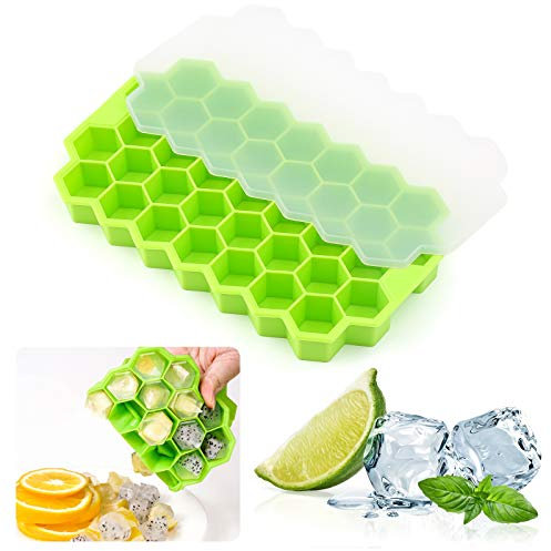 Ice Cube Trays with Lids 37 Cubicle Food Grade Ice Freezer Silicone Ice Cube Maker to Frozen Drinks for Chilled Drinks, Whiskey & Cocktails (Green)