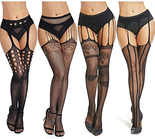 DRESHOW 4 Paia Donna Sexy Moda Elastico Vita Alta Collant Calze a Rete Coscia Alta Calze Collant