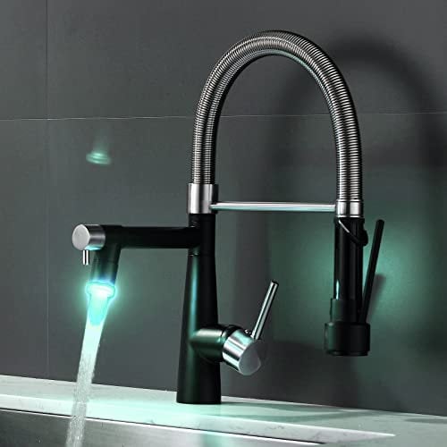 TIMACO LED Gebürstetes Nickel und Schwarz Wasserhahn Küche mit Schloss Brause Ausziehbar - 360° Schwenkbarz- Einhebel Mischbatterie & Pull-Down-Spray - Hochdruck