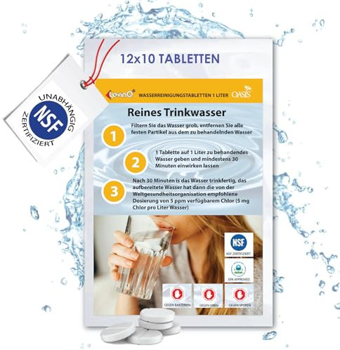 LevinQ Trinkwasseraufbereitung [120Stk] *NSFgeprüft* 100% keimfreies Trinkwasser 1 Ltr/Tablette +Handschuhe PE | Wasserentkeimungstabletten fur Krisenvorsorge Outdoor, Notfall, Camping, Reiseapotheke