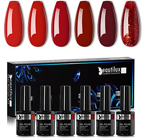 Beautilux UV Nagellack Rot, 6 Farben 10ml Soak Off Dunkelrot Gel Nagellack Set für Home-Maniküre Nail Art Maniküre (Rot Serie)