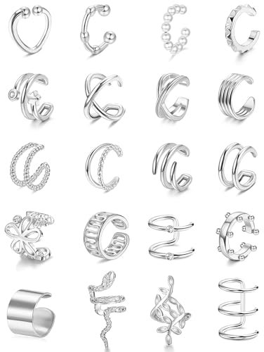 CASSIECA 20Pcs Ear Cuff Set Damen Ohrmanschette Ohrringe Helix Knorpel Clip auf Wickelohrring Fakepircings Ohr Cuffs Ohrklemme