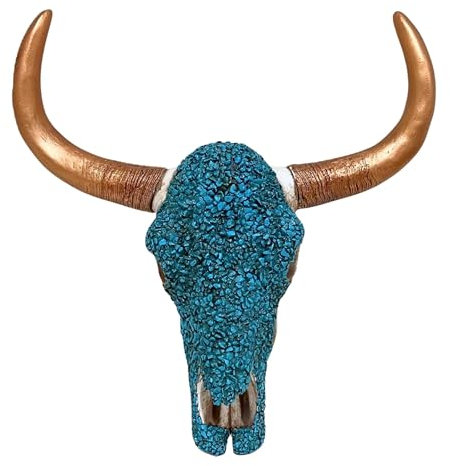 BestGiftEver Türkiser Kunststein Stierschädel, Kuh, Bison Totenkopf mit goldfarbenem Horn