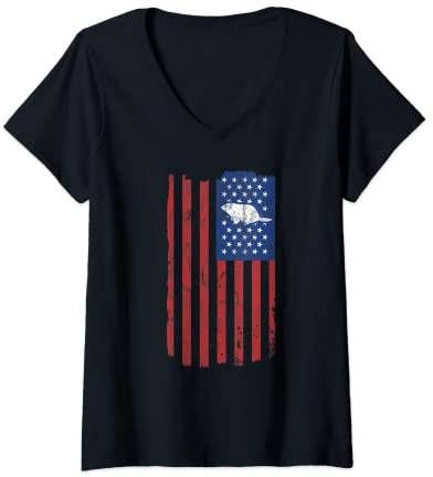 Damen Groundhog Day Vintage amerikanische Flagge Retro Wood Chuck T-Shirt mit V-Ausschnitt