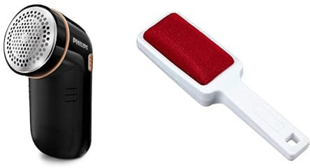 Philips GC026/80 Rasoir Anti-Bouloche et Anti-Peluche - Noir et Or & WENKO Brosse vêtement, Brosse Textile, Double Face, 6 x 21.5 x 2 cm, Blanc