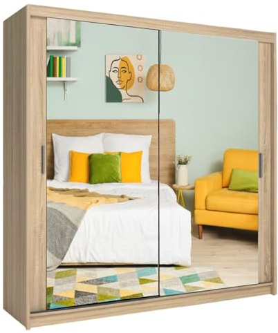 IE INTERIOR EMPORIUM Milan Full Mirror Double Sliding Door Wardrobe (or three in the 250cm size) With Shelves, Hanging Rails and LED Light in 6 Sizes & 4 Colors (203cm, Oak/Sonoma)