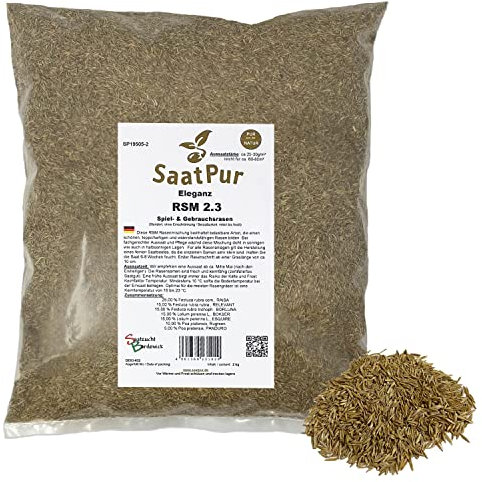 SaatPur® Rasensamen RSM 2.3 Spiel - & Gebrauchsrasen 2kg für ca. 80 m², Regel Saatgut Mischung 2.3 aus mehreren Rasenarten, schnellkeimend, sehr belastbar, sehr strapazierfähig, Neusaat und Nachsaat