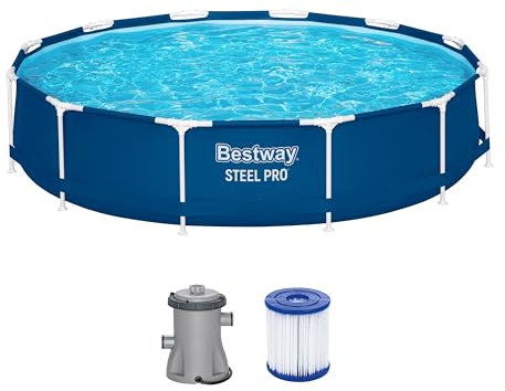 Bestway Steel Pro Frame Pool Set mit Filterpumpe Ø 366 x 76 cm, dunkelblau, rund