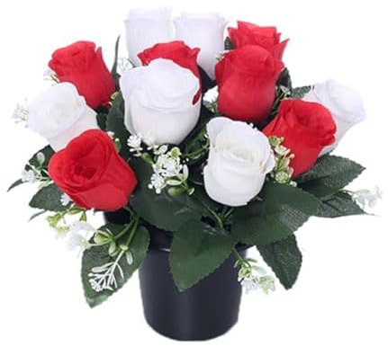 NEW IMPROVED DESIGN & QUALITY WITH FOAM INSERT | 25cm Grave Flower Pots | Artificial Flowers For Graves | Cemetery & Floral Decorations | Grave Flowers Cemetery Funeral Flowers | RED & WHITE ROSES