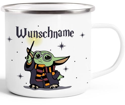 MoonWorks® Emaille-Tasse Baby-Yoda personalisierte Geschenke Wunschname Geburtstag Weihnachten emaille-weiss-silber standard