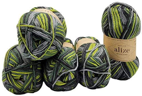 5 x 100 Gramm Sockenwolle Ilkadim Export Wooltime mehrfarbig, 75% Superwash Wolle, 500 Gramm Strickwolle für Stricksocken und Strümpfe (grau grün 11019)