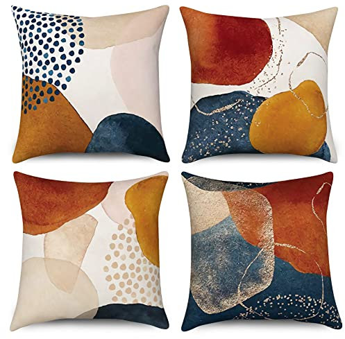 Hnmdmyi Kissenbezug Boho 50x50 4er Set, Mid Century Abstrakt Ästhetisch Marineblau Gebrannt Orange Kissenbezüge Geometrisch Minimalistisch Modern Kunst Leinen Kissenhülle für Sofa Couch Home Decor