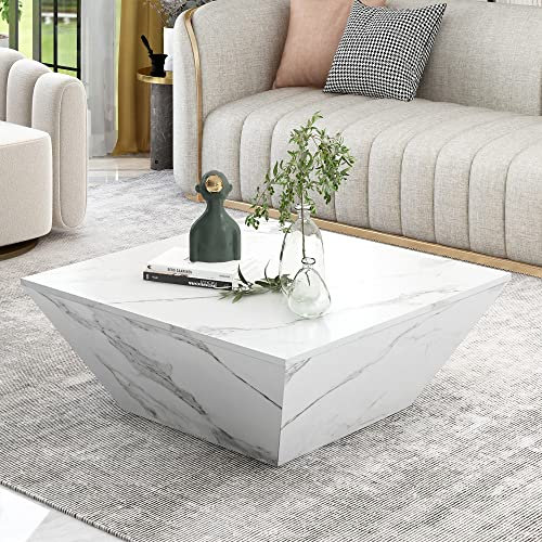 Merax Moderner Couchtisch aus weißem Marmorfurnier, Stabiler und langlebiger Wohnzimmertisch mit 2 Schubladen, leicht zu reinigen, 70x70x37cm