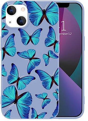 MAYCARI Cute Blue Butterfly Phone Case for iPhone 14 Pro Max, Blue Liquid Silicone Girly Cases,Cartoon Soft Gel Rubber Full-Body Protective Microfiber Lining Shockproof Cover