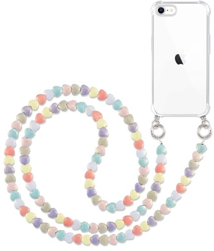 Pnakqil Handykette mit Perlenkette für Apple iPhone 7/8/SE 2020/2022 4.7'' Hülle Schultergurt mit Band zum Umhängen Schnur Handyhülle Kette Handy Umhängeband Transparent TPU Silikon Case,Herz