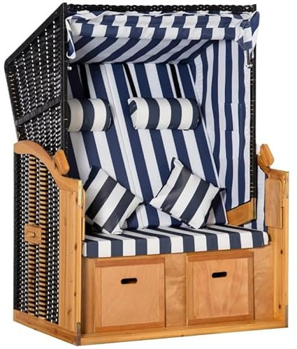 trends4cents PureHaven Strandkorb 118x79x150 cm für 2 Personen Elegantes Design inkl. Rücken- und Sitzkissen verstellbare Rückenlehne Klapptische und Fußstützen