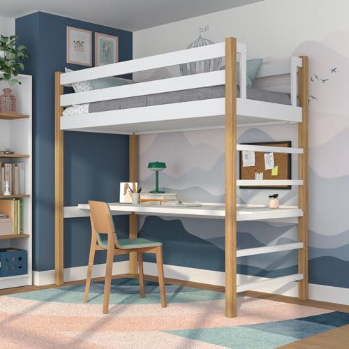 N-wood N01 Hochbett mit Schreibtisch, Etagenbett 120x200 cm, aus Eichenholz, 2 Leitermontageseiten: Links oder rechts, sichere abgerundete Kanten, Stabile Massivholzkonstruktion, Weißeiche