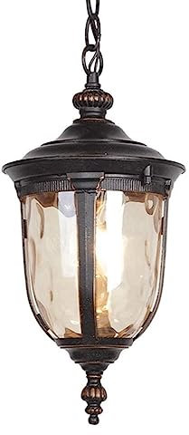 Matte Black Finish Pendant Lighting with Water Ripple Glass Shade Hanging Porch Light Chain Hanging Ceiling Lamp for Front Door, Gazebo, Patio