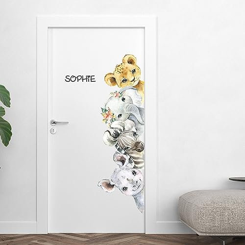 Kidsmood Türaufkleber für Kinderzimmer personalisiert mit Wunschtext | Tür-Sticker mit Tiermotiv und Wunschnamen | Selbstklebender Aufkleber als Kinderzimmer Deko [Türgriff Links, 120x40 cm]
