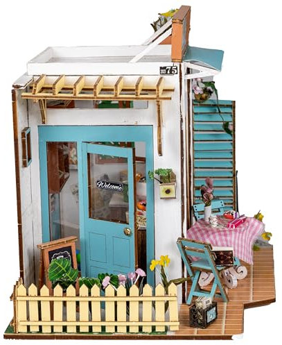 Crafts&Co® DIY Miniature Haus mit Möbeln | DIY Puppenhaus Erwachsene | Hölzernes Puppenhaus-Kit | Holz Mini Haus Modell mit Licht | 1:18 | Sweet Café