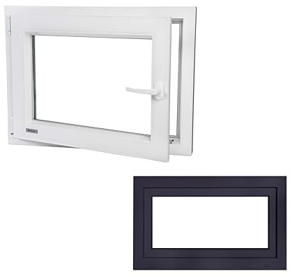 DECCO Fenster - Kunststofffenster Anthrazit Garagenfenster/Gartenhausfenster/Kellerfenster 85x105cm 3-fach Verglast - Din Links - Funktion Dreh Kipp