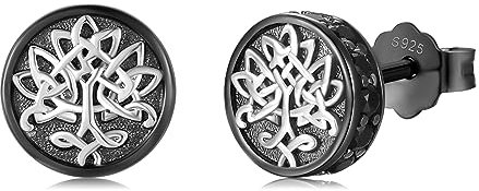 Tree of Life Earrings 925 Sterling Silver Celtic Knot Earrings Black Stud Earring Tree of Life Jewellery Gifts for Women Men Birthday