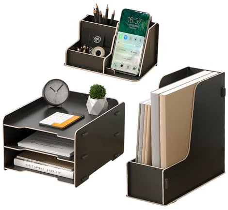 NUODWELL Ensemble de rangement de bureau en bois – Bac à courrier A4 à 3 niveaux, porte-documents, porte-stylos, organiseur de bureau et rangement pour fournitures de bureau (noir), AB2659