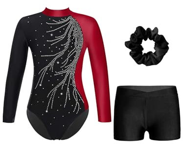 iEFiEL Mädchen Turnanzug Langarm Gymnastik Trikotanzug Glänzende Turnen Set Klassisch Gymnastikanzug Kinder Tanzbody Zd Burgundy Schwarz 158-164