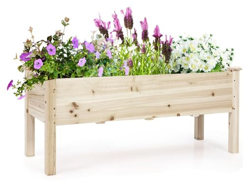HOMASIS Hochbeet, Blumenkasten aus Tannenholz, Blumenbeet Gartenbeet mit 5 Drainagelöchern, Pflanzbeet für Balkon, Garten, Terrasse, Pflanzkasten belastbar 100 kg, 120 x 43,5 x 51 cm, Natur