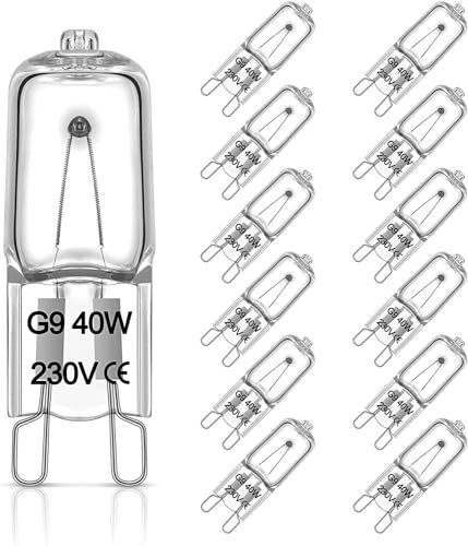 Chenilles Lot de 12 Ampoule G9, Ampoule Halogène G9 40W,230V, Dimmable, Ampoule Halogène Lampe de Base à Broche Halogène, AC DC 2800K pour Hotte de Cuisine, Lustre…