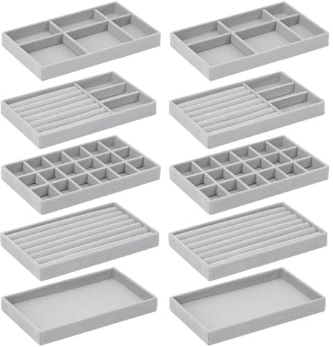 Govfrey 10 Pack Jewellery Organisers for Drawers,Stackable Jewellery Trays,Velvet Jewellery Storage Box Fit in Vanity Wardrobe Drawer,Rings Earrings Storage Display Holder Women Gifts for Mother Wife