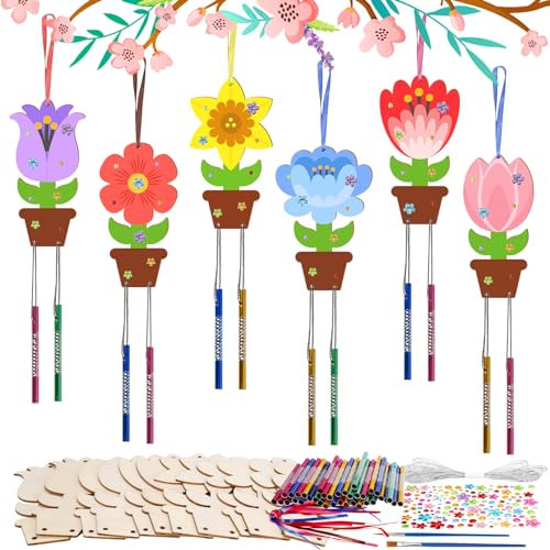 HONMOK 12 Stück Blumen Bastelset Windspiel Holz Blumen Basteln zum Bemalen Tulpen Klangspiel Kinder Bastelhandwerk Kreativesets für Mama Muttertagsgeschenk Mädchen Jungen Frühling