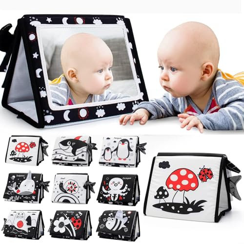Zendstanding Baby Spiegel Spielzeug - Baby Spielzeug 0-6 Monate Faltbarer Schwarz Weiß Kontrast Babybuch Spiegel Spielzeug ab 3 Monate Neugeborenes Lernspielzeug Geschenk (Schwarz + Weiß)