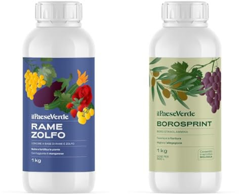 RAME ZOLFO Il Paese Verde 1kg. Cura le carenze di rame e zolfo & Borosprint concime liquido a base di boro kg.1. Migliora l'allegagione, favorisce la crescita dei frutti e previene la carenza di boro.