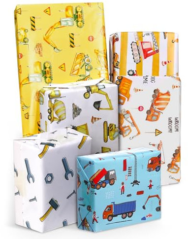 Liobelon 12 Blatt Bau-Geschenkpapier, Geschenkpapier, Bagger, Traktor, LKW, Kran, Geschenkpapier, Bau-Geburtstagsparty-Zubehör für Kinder, Jungen, Männer, Geburtstagsparty, 50,8 x 68,9 cm