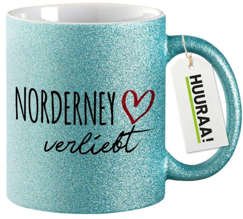 Huuraa Glitzertasse Norderney verliebt Geschenk | Motivtasse 330ml Glitzer Tasse mit Spruch Blau Keramik Kaffeebecher Geschenkidee Blue Glitter Becher mit Motiv