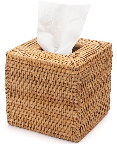 Kosmetiktücherbox aus Rattan, Quadratische Geflochtener Tücherbox Halter, Gewebter Gesichtstuchhalter, Dekorative Taschentuchbox für Esstisch, Wohnzimmer, Badezimmer (Natürlich)