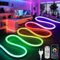 BRIMETI Striscia LED Neon 2M, RGBIC Nastri LED 220V Impermeabile IP65 Tubo Flessibile, Controllata da APP Bluetooth, con Telecomando, per Camera da letto Bar Sala Giochi Compleanno Interno ed Esterno