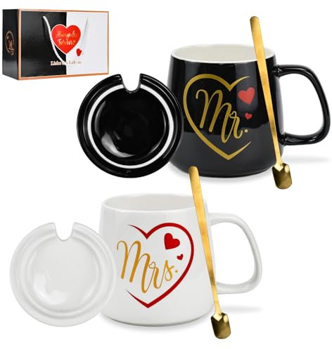 HWSWSH 2 PCS Mr Mrs Tasses Couple Amoureux avec Couvercle et Cuillère, Ensemble Mug Couple Café en Céramique, Idee Cadeau Couple Tasses à Café pour Cadeaux de Noel Saint-Valentin Mariage Anniversaire