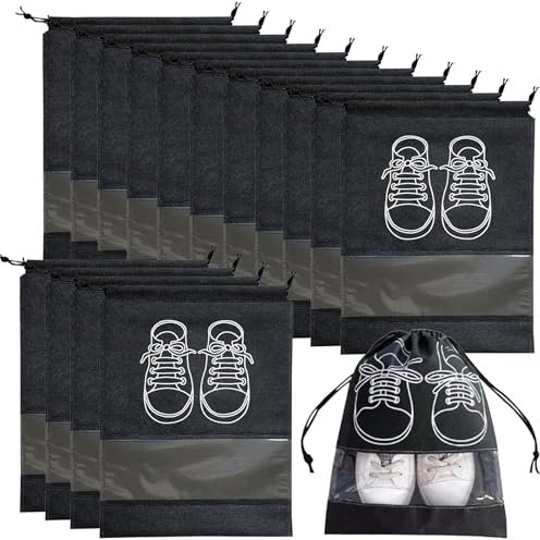 Travel Shoe Bag, 15 PCS Large Shoe Storage Bags, Dustproof Drawstring Shoes Bags with Transparent Slot Large Portable Drawstring Shoes Storage Bags for Daily and Travel Use(Black)