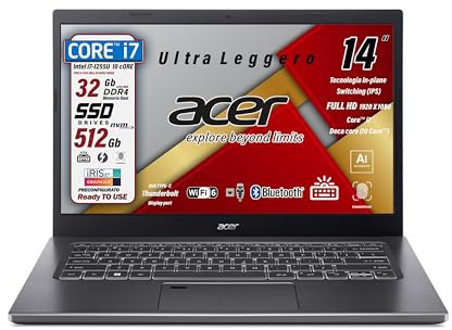 acer Notebook Intel Core i7-1255U, 10 Core, Ram 32Gb, SSD Pcie Nvme 512Gb, display 14 FHD IPS, Tastiera retroilluminata, Fingerprint, thunderbolt, ultraleggero, Win 11Pro, preconfigurato