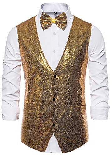 RUMAOZIA Pailletten Weste Herren Glitzer Weste mit Fliege Set Anzugwesten V-Ausschnitt Blazer Pailletten Sakko Elegant Pailletten Sakko Karneval Kostüm für Hochzeit Party Festlich Disco Outfit